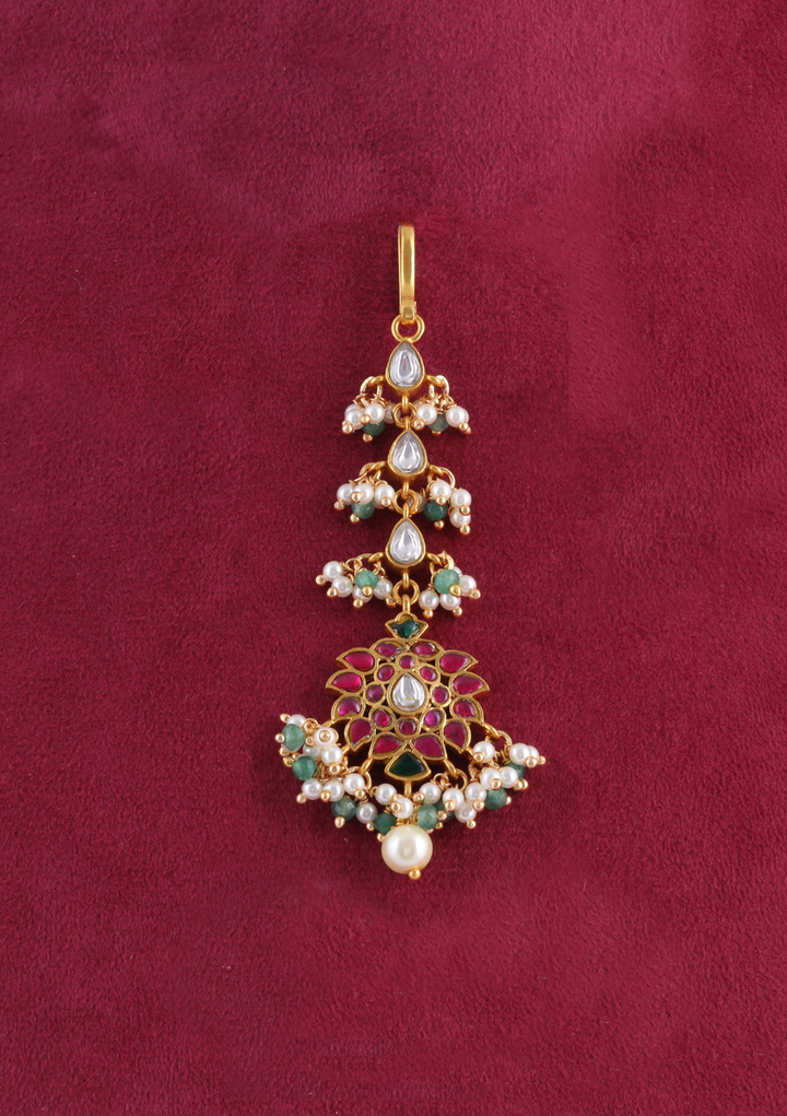 Exquisite Designer Jadau Kundan Maangtikka With Pearls and Green Beads Hangings