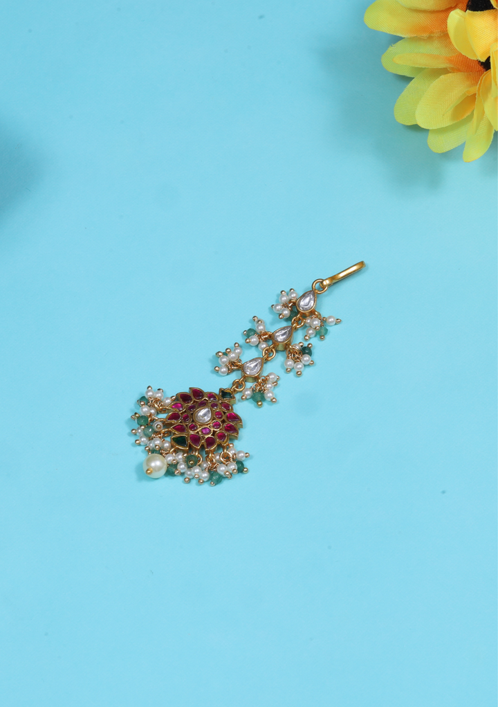 Exquisite Designer Jadau Kundan Maangtikka With Pearls and Green Beads Hangings