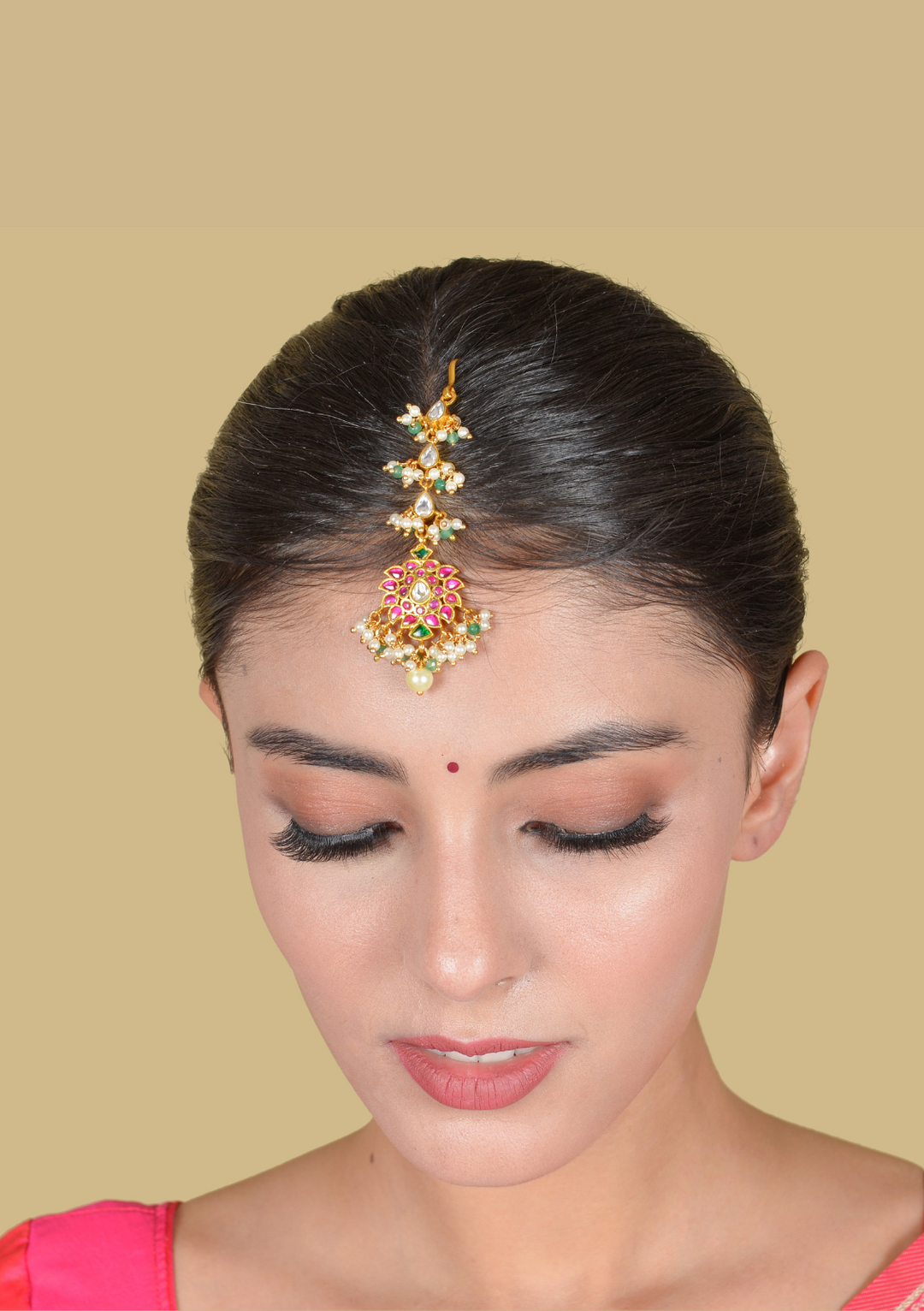 Exquisite Designer Jadau Kundan Maangtikka With Pearls and Green Beads Hangings