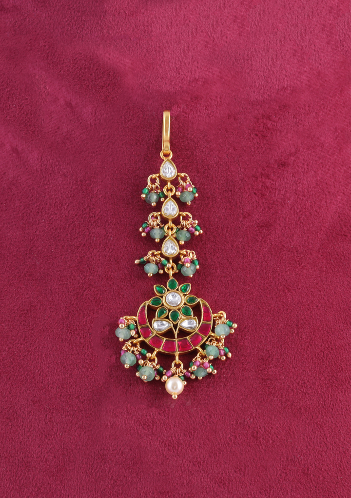 Classic Designer Jadau Kundan Maangtikka With Pearls and Green Beads Hangings
