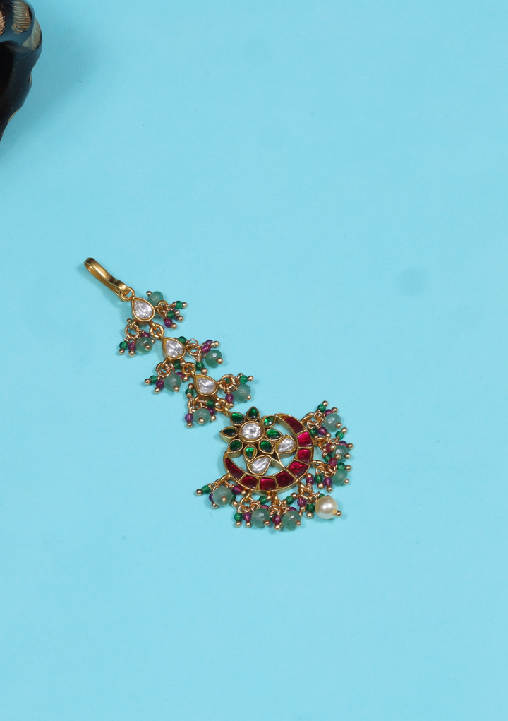 Classic Designer Jadau Kundan Maangtikka With Pearls and Green Beads Hangings