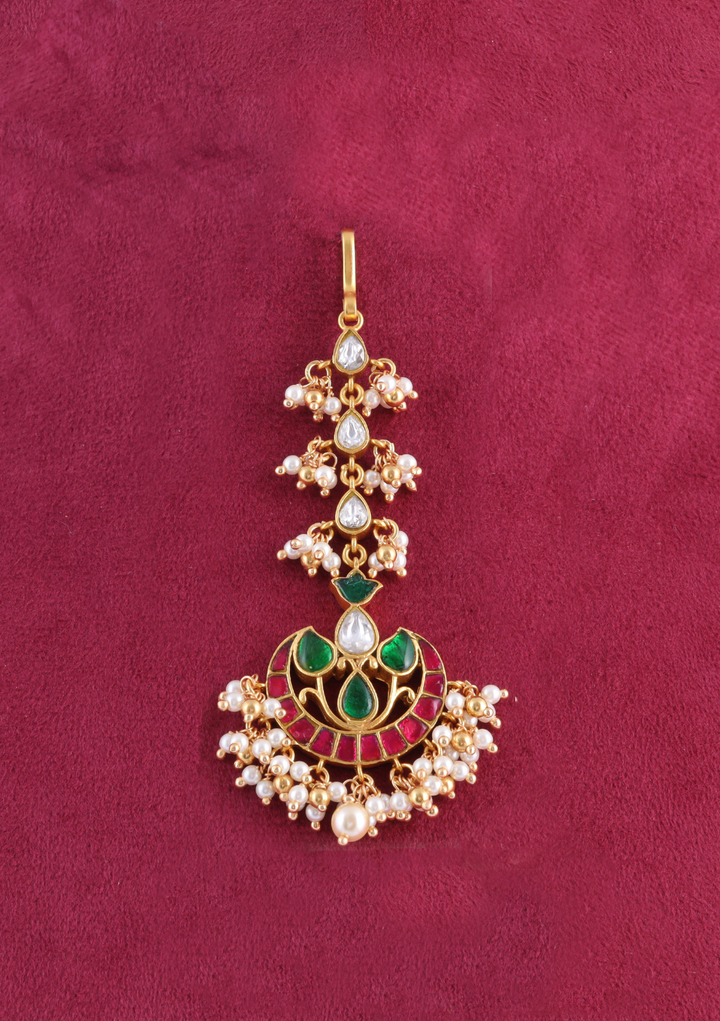 Charming Designer Jadau Kundan Maangtikka With Pearl Hangings