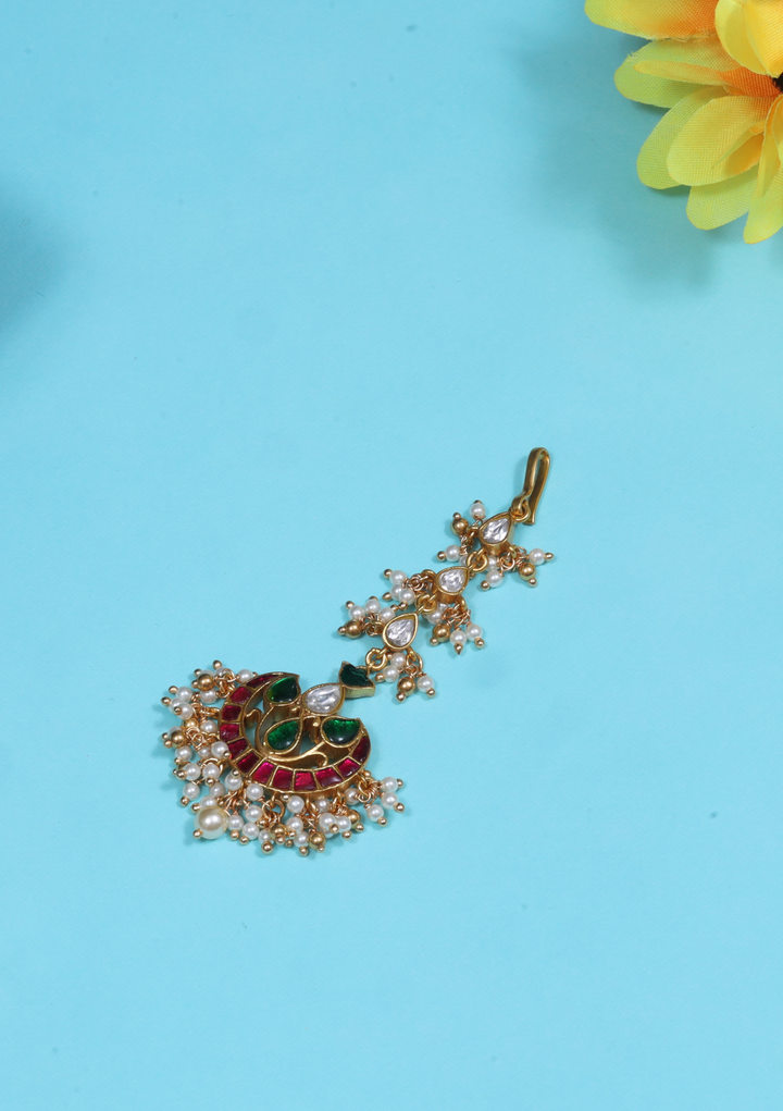 Charming Designer Jadau Kundan Maangtikka With Pearl Hangings