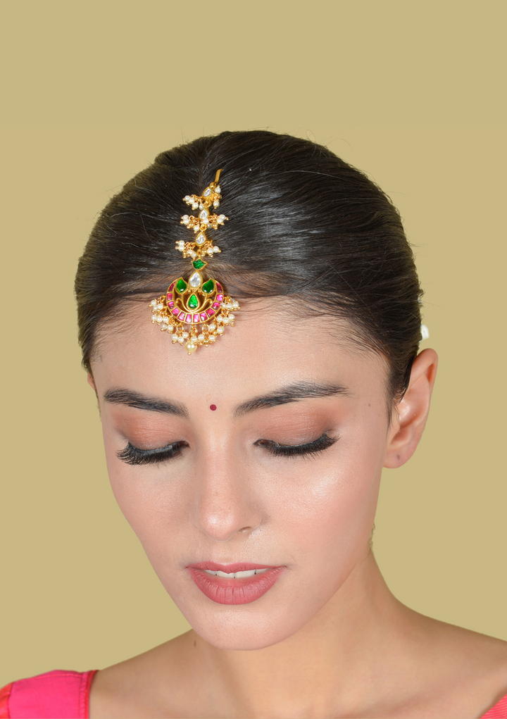 Charming Designer Jadau Kundan Maangtikka With Pearl Hangings