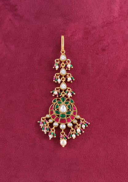 Gorgeous Designer Jadau Kundan Maangtikka With Pearls and Colour Stones Beads Hangings