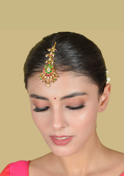 Gorgeous Designer Jadau Kundan Maangtikka With Pearls and Colour Stones Beads Hangings
