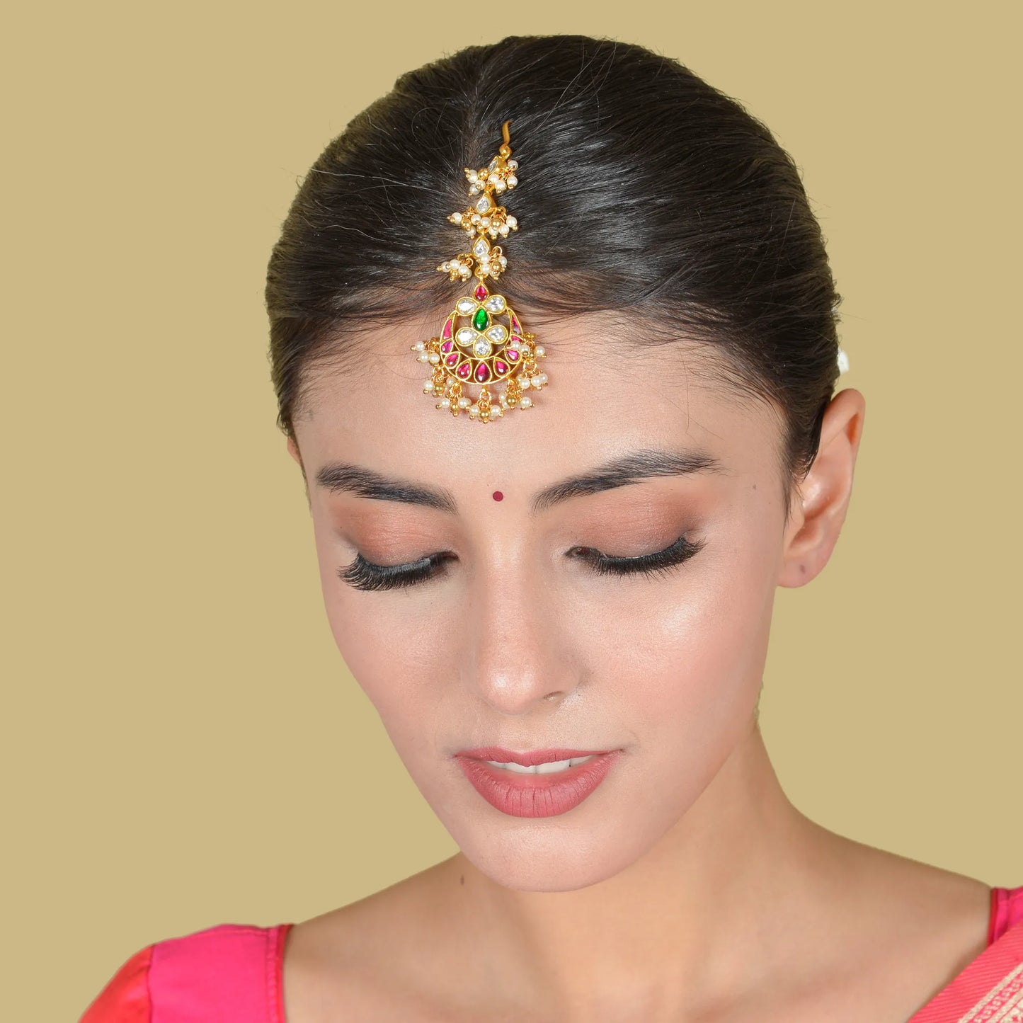 Simple and Elegant Jadau Kundan Maangtikka With Beautiful Pearls and Colour Stones Beads Hangings