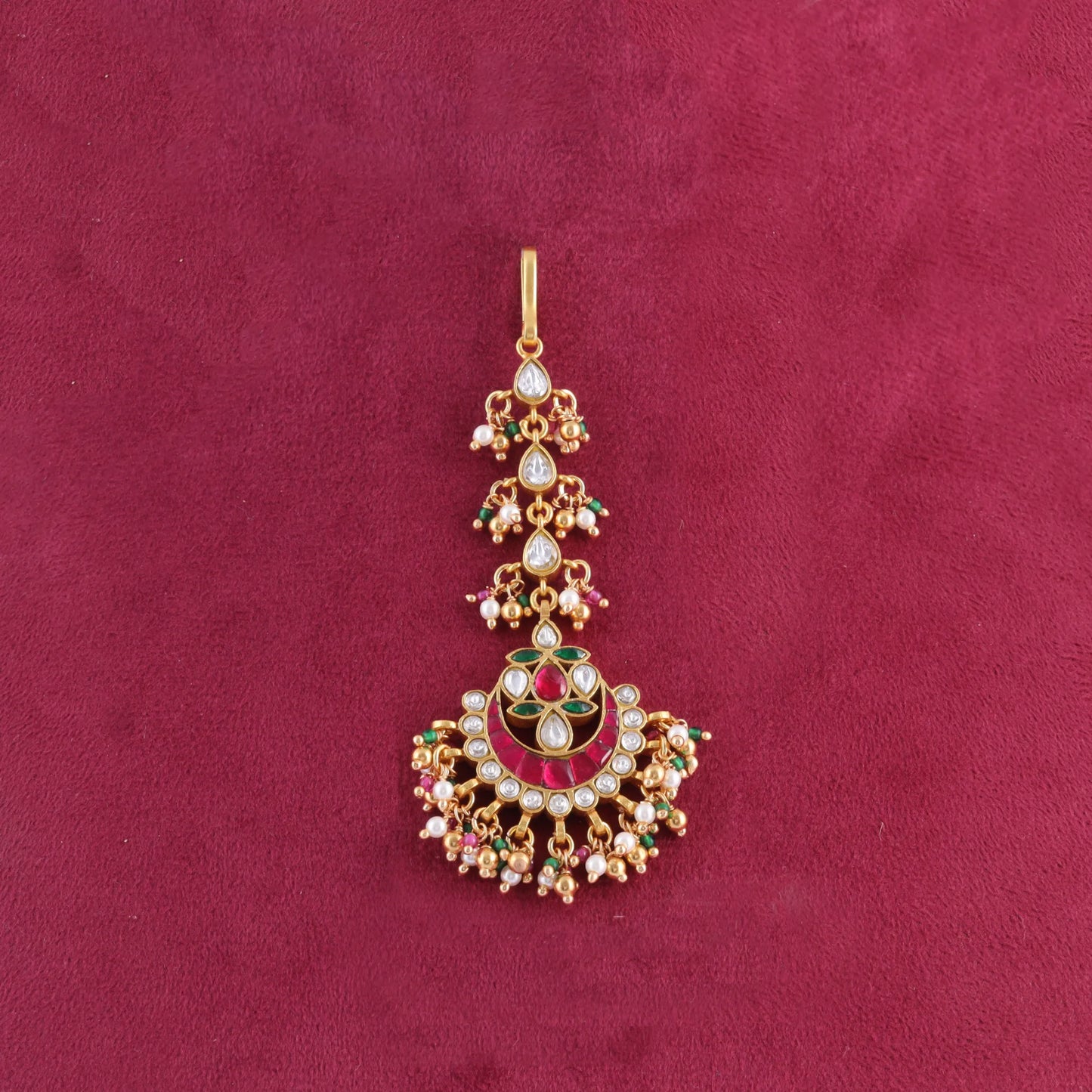 Delicate Designer Jadau Kundan Maangtikka With Beautiful Pearls and Colour Stones Beads Hangings