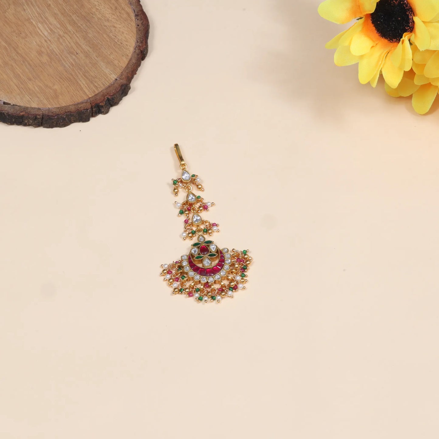 Delicate Designer Jadau Kundan Maangtikka With Beautiful Pearls and Colour Stones Beads Hangings