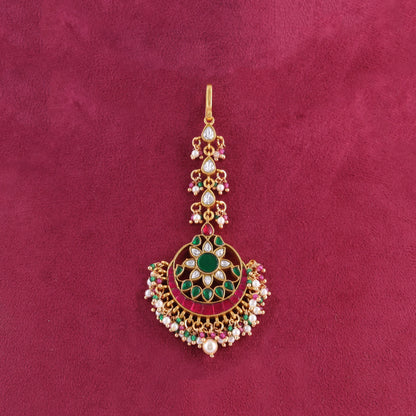 Classic Floral Jadau Kundan Maangtikka With Beautiful Pearls and Colour Stones Beads Hangings