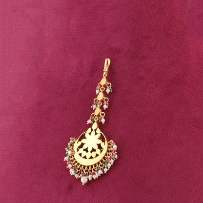 Classic Floral Jadau Kundan Maangtikka With Beautiful Pearls and Colour Stones Beads Hangings