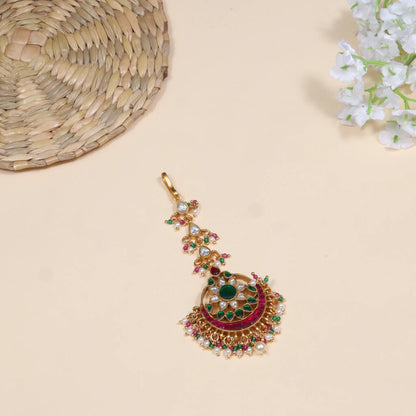 Classic Floral Jadau Kundan Maangtikka With Beautiful Pearls and Colour Stones Beads Hangings