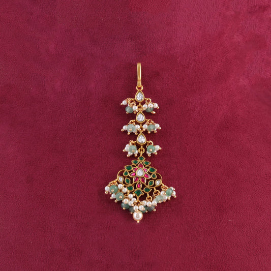 Simple Designer Jadau Kundan Maangtikka with Pearls and Green Beads Hangings