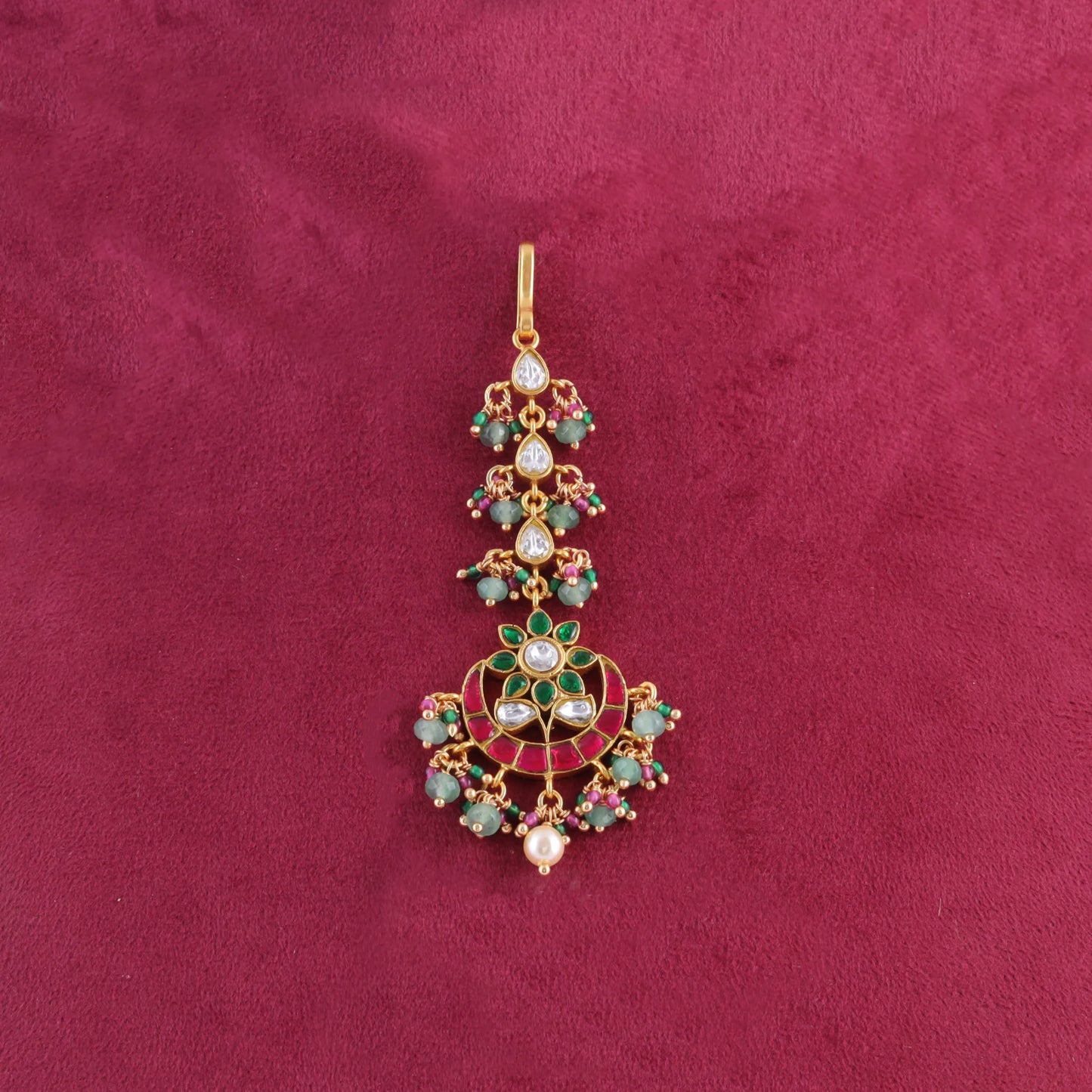 Classic Designer Jadau Kundan Maangtikka With Pearls and Green Beads Hangings