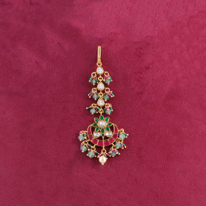 Classic Designer Jadau Kundan Maangtikka With Pearls and Green Beads Hangings