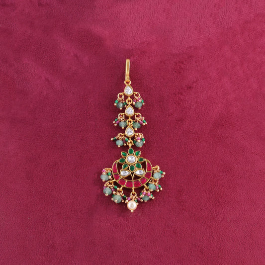 Classic Designer Jadau Kundan Maangtikka With Pearls and Green Beads Hangings