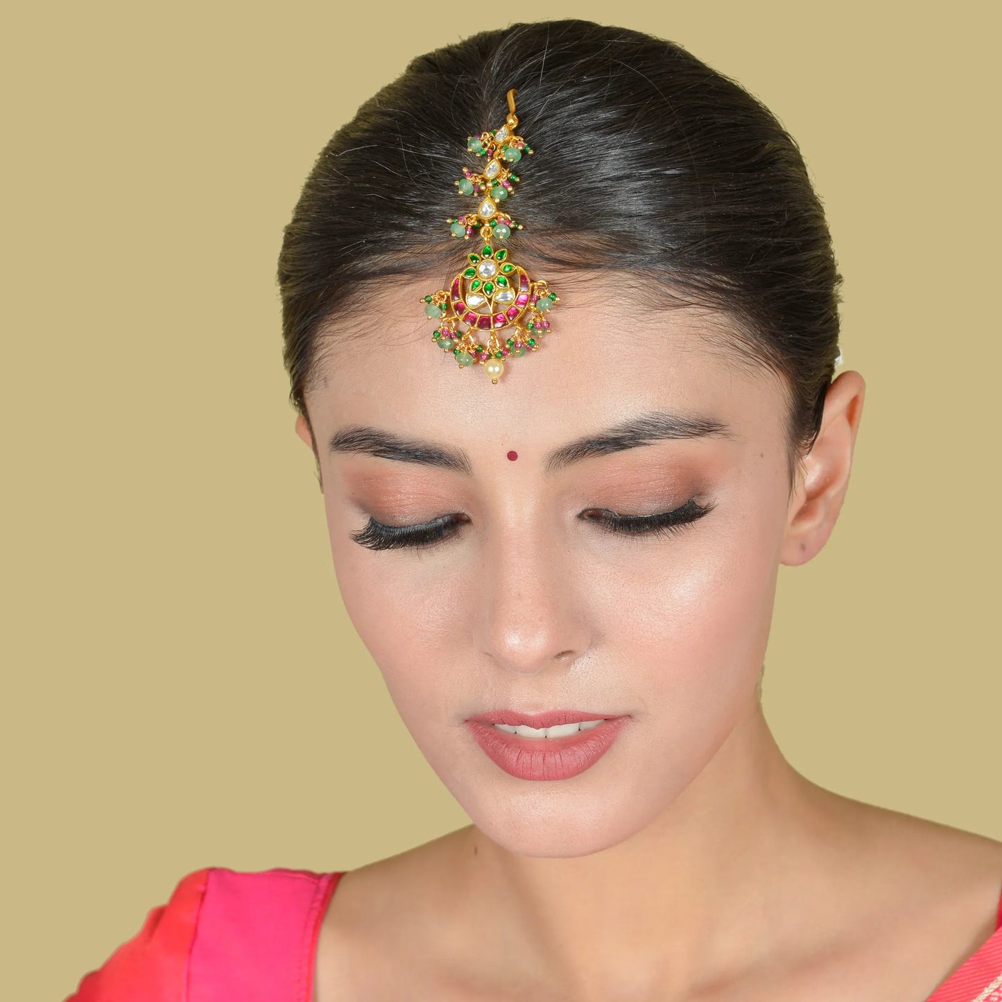 Classic Designer Jadau Kundan Maangtikka With Pearls and Green Beads Hangings