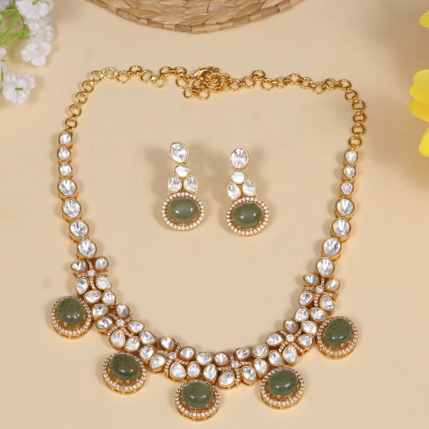 Elegant Designer Moissanite Polki Necklace Earring set