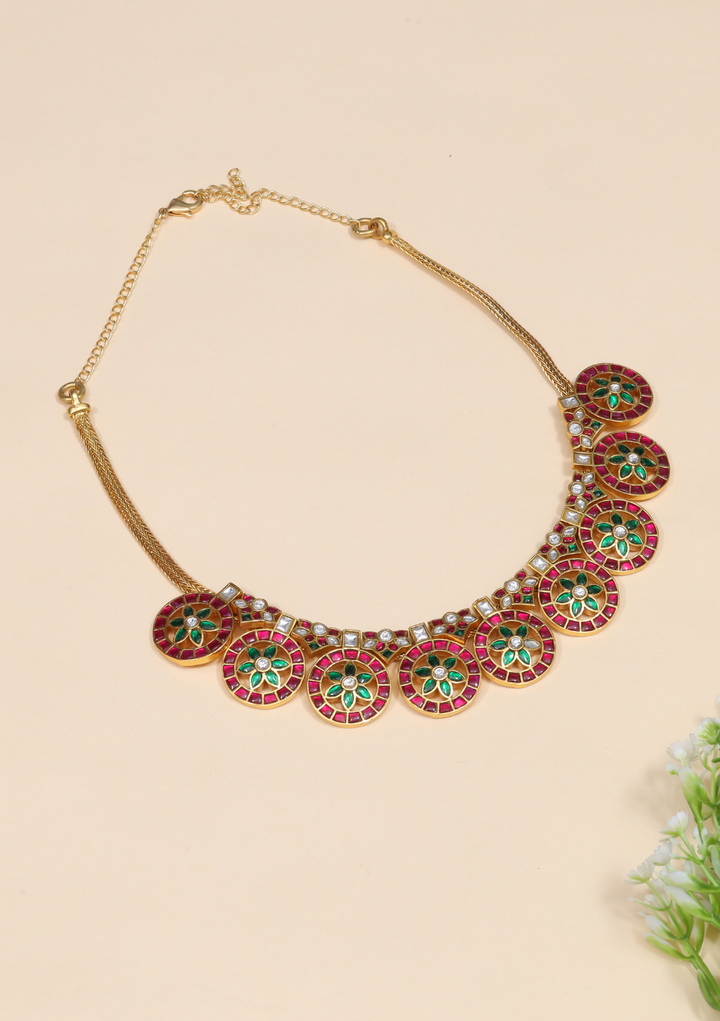 Esha Jadau Kundan Red & Green Bottumala Necklace