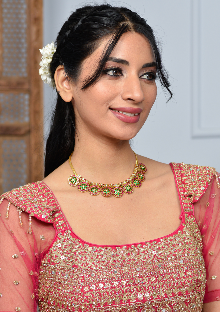 Esha Jadau Kundan Red & Green Bottumala Necklace
