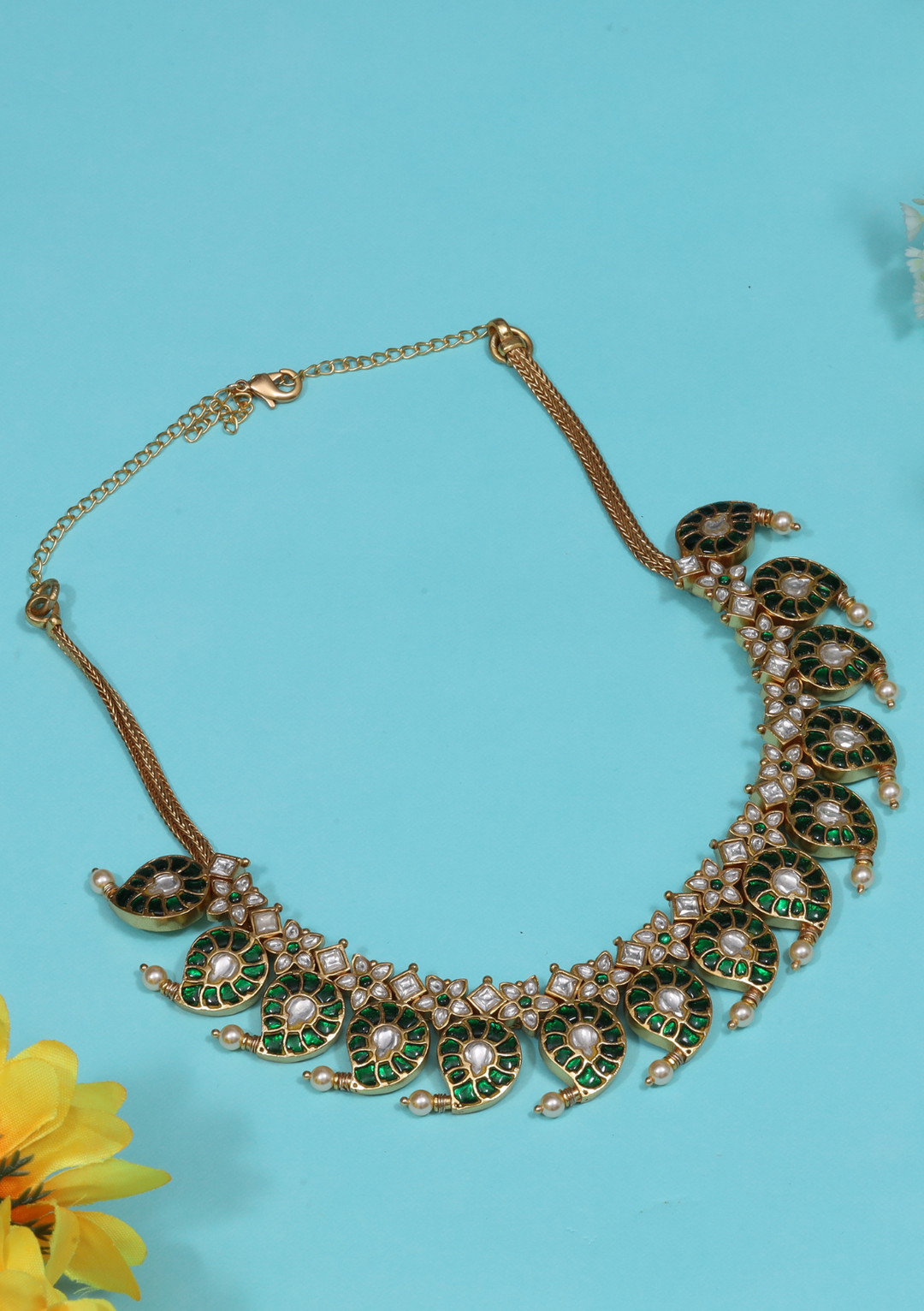 Gauri Jadau Kundan Green Mango Necklace