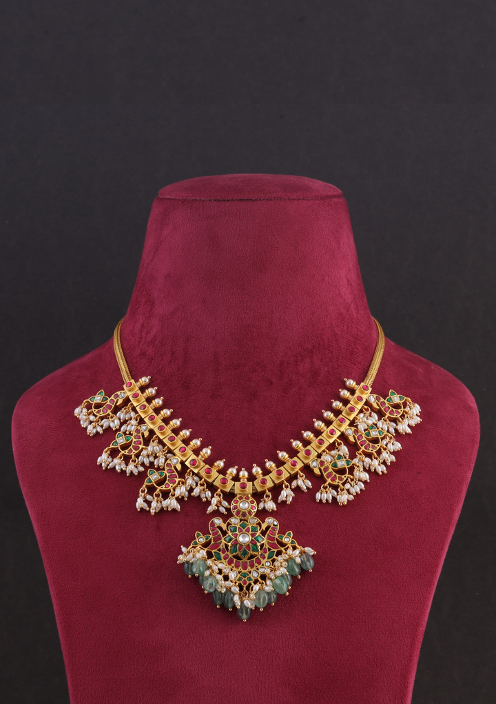 Traditional Peacock Guttapusalu Jadau Kundan Necklace with Emerald Green Hangings and Rice Pearls