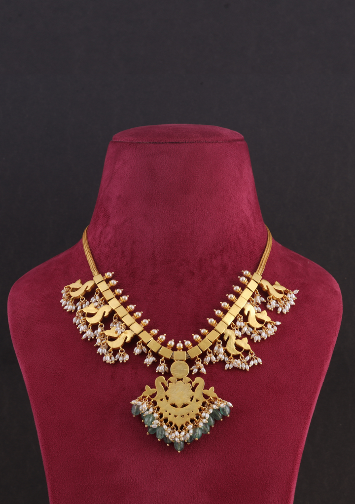 Traditional Peacock Guttapusalu Jadau Kundan Necklace with Emerald Green Hangings and Rice Pearls