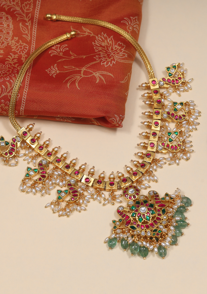 Traditional Peacock Guttapusalu Jadau Kundan Necklace with Emerald Green Hangings and Rice Pearls