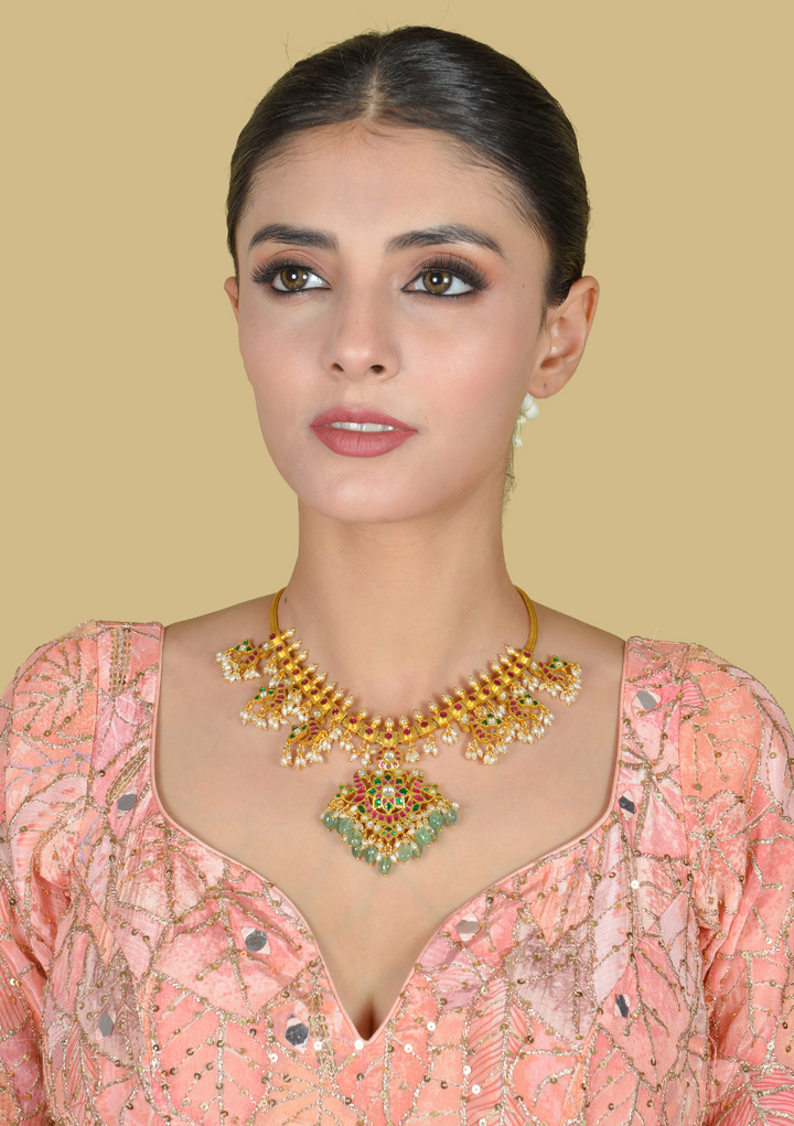 Traditional Peacock Guttapusalu Jadau Kundan Necklace with Emerald Green Hangings and Rice Pearls