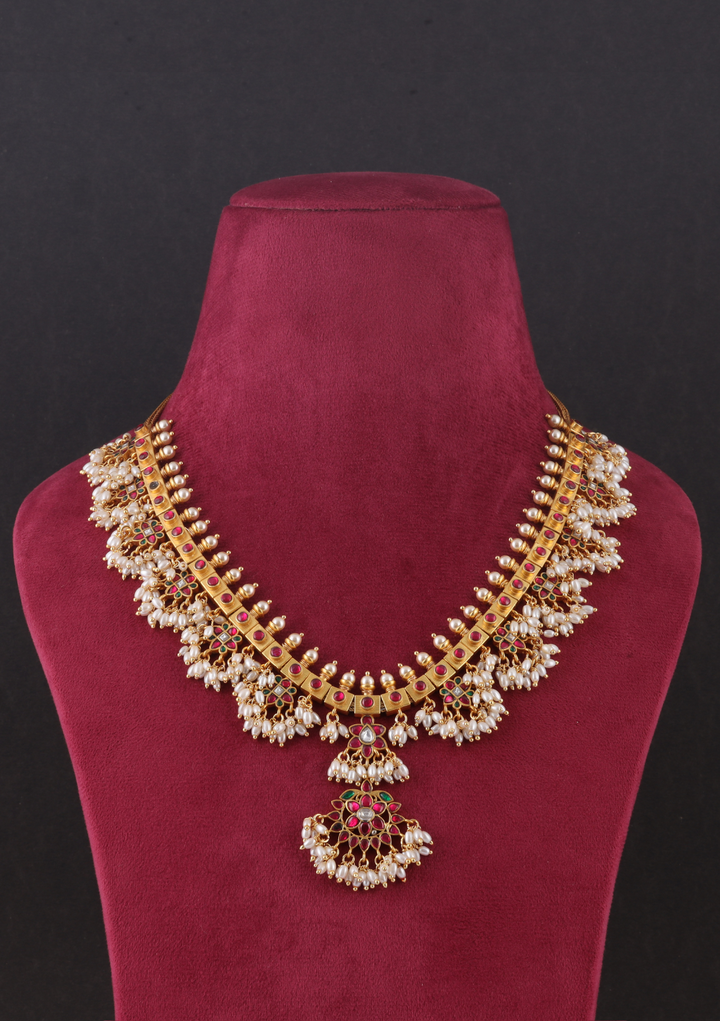 Beautiful Designer Guttapusalu Necklace Real Jadau Kundan work with Rice Pearls