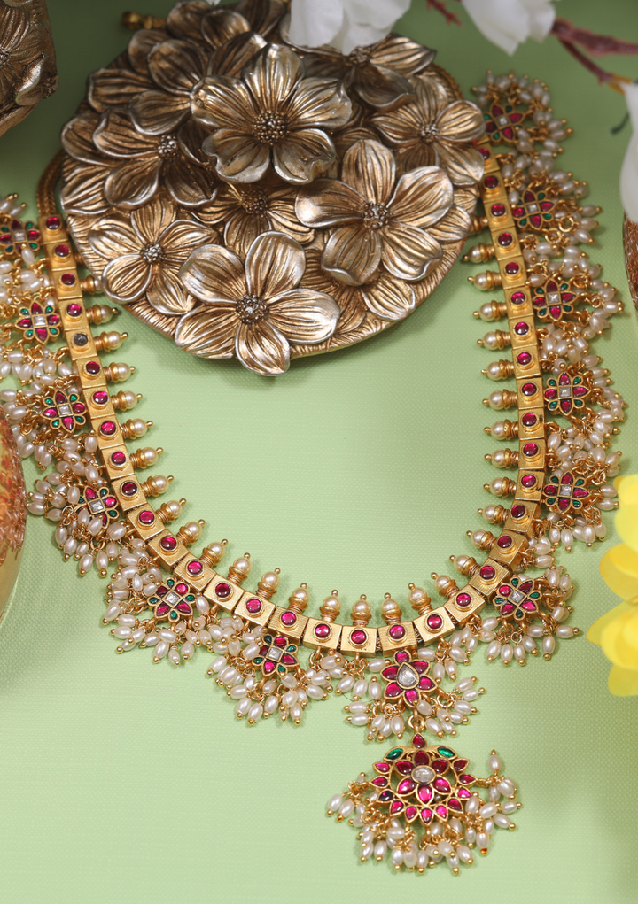 Beautiful Designer Guttapusalu Necklace Real Jadau Kundan work with Rice Pearls