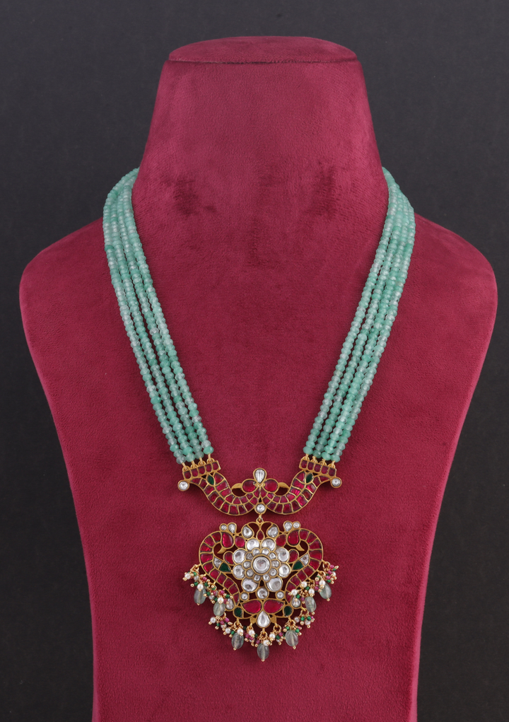 Classic Designer Jadau Kundan Long Haram with Four Line Green Emerald Bead Chain