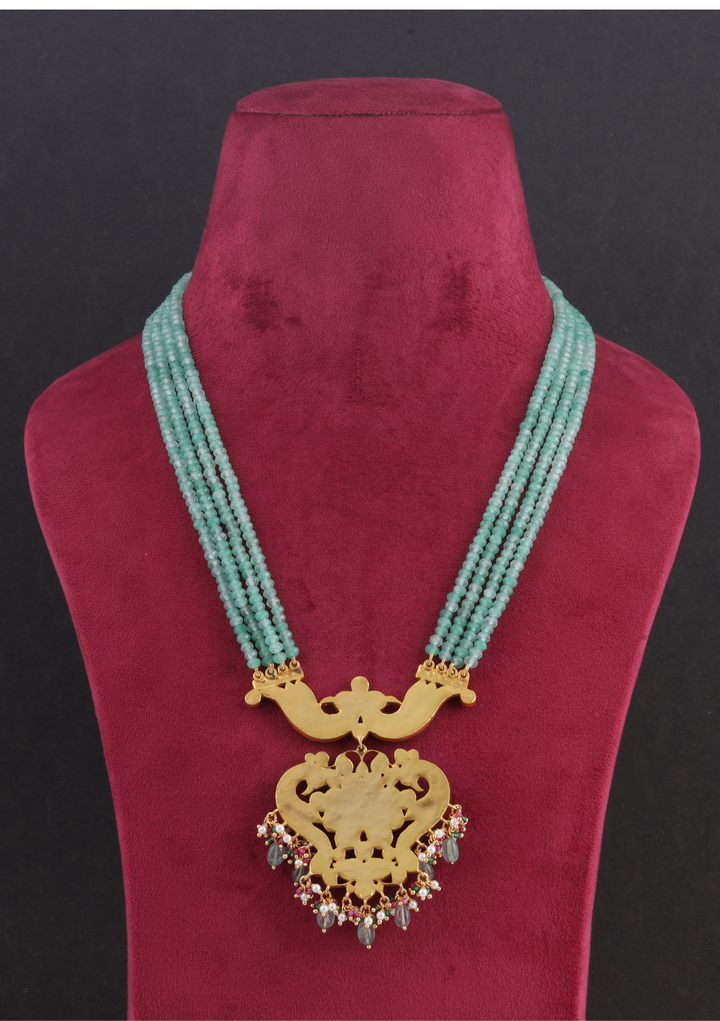 Classic Designer Jadau Kundan Long Haram with Four Line Green Emerald Bead Chain
