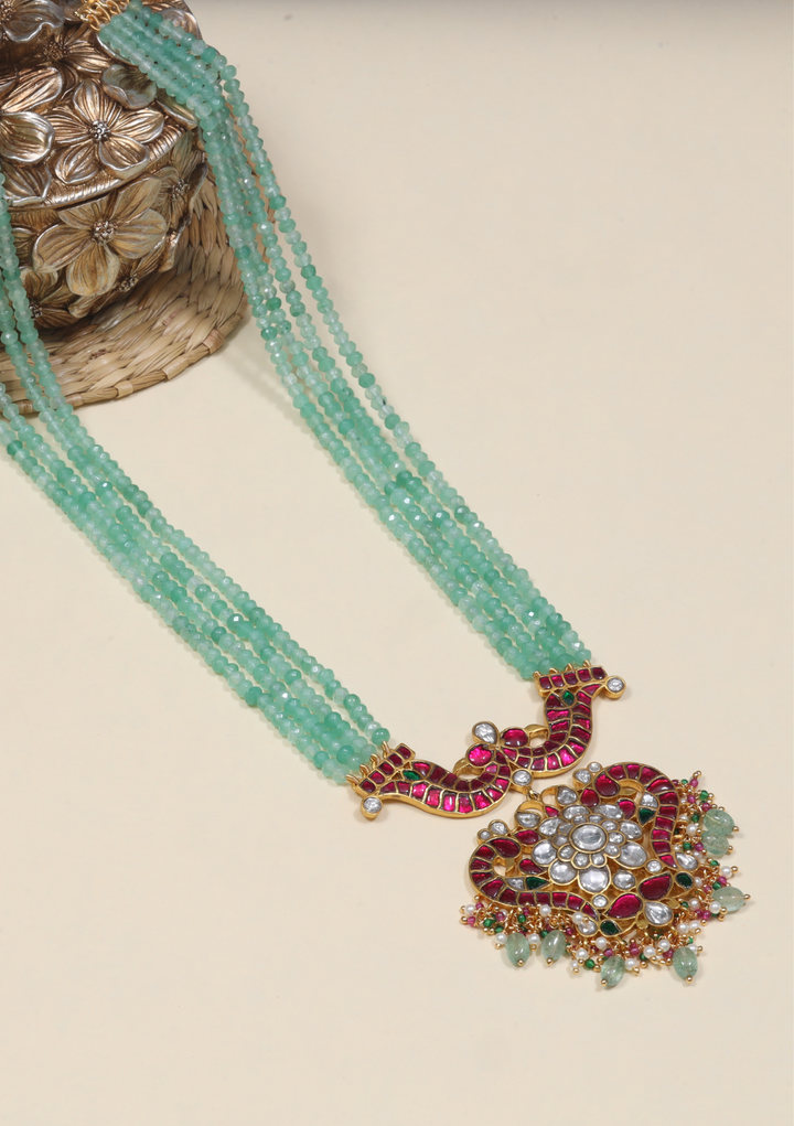 Classic Designer Jadau Kundan Long Haram with Four Line Green Emerald Bead Chain