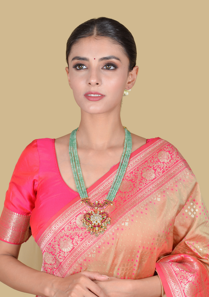 Classic Designer Jadau Kundan Long Haram with Four Line Green Emerald Bead Chain