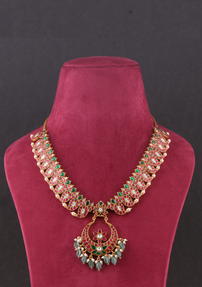 Short Mango Haram Real Jadau Kundan Work With Beautiful Green Emerald beads