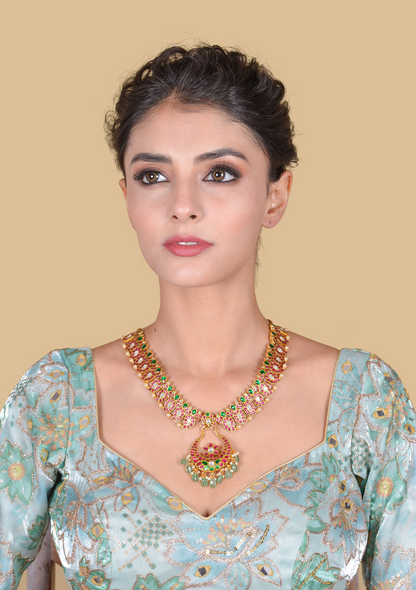 Short Mango Haram Real Jadau Kundan Work With Beautiful Green Emerald beads