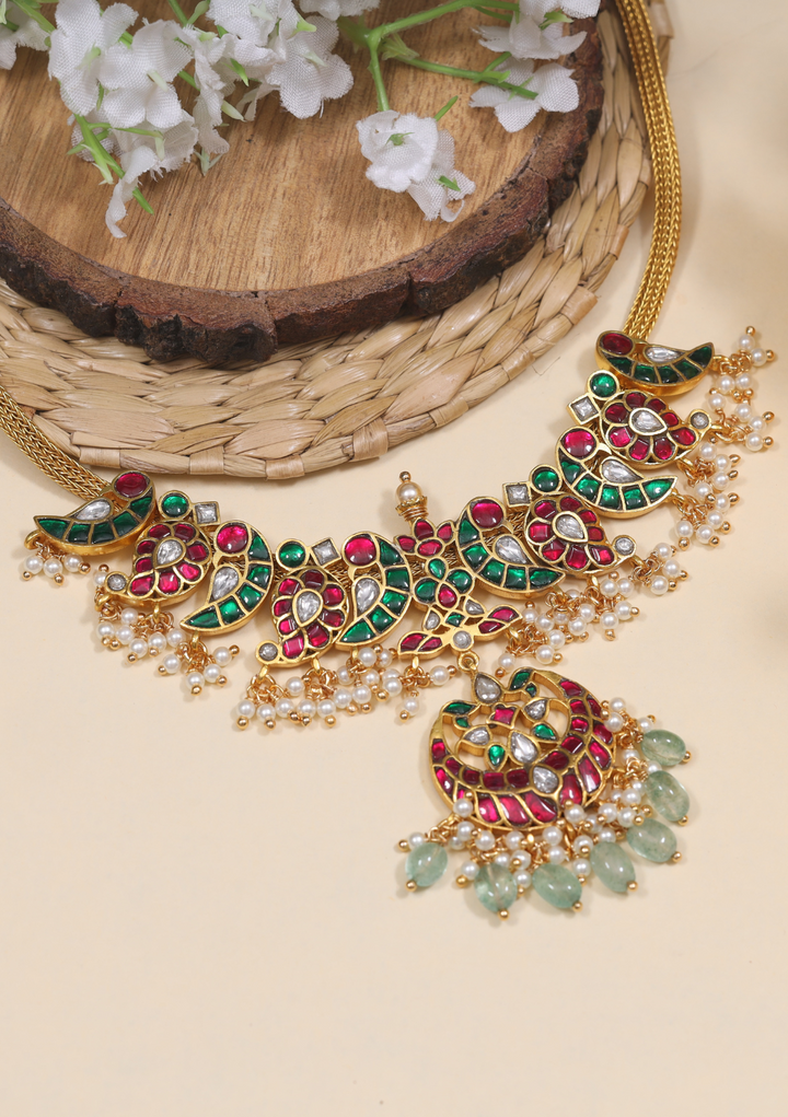 Classic Ruby and Emerald Jadau Kundan Short Necklace
