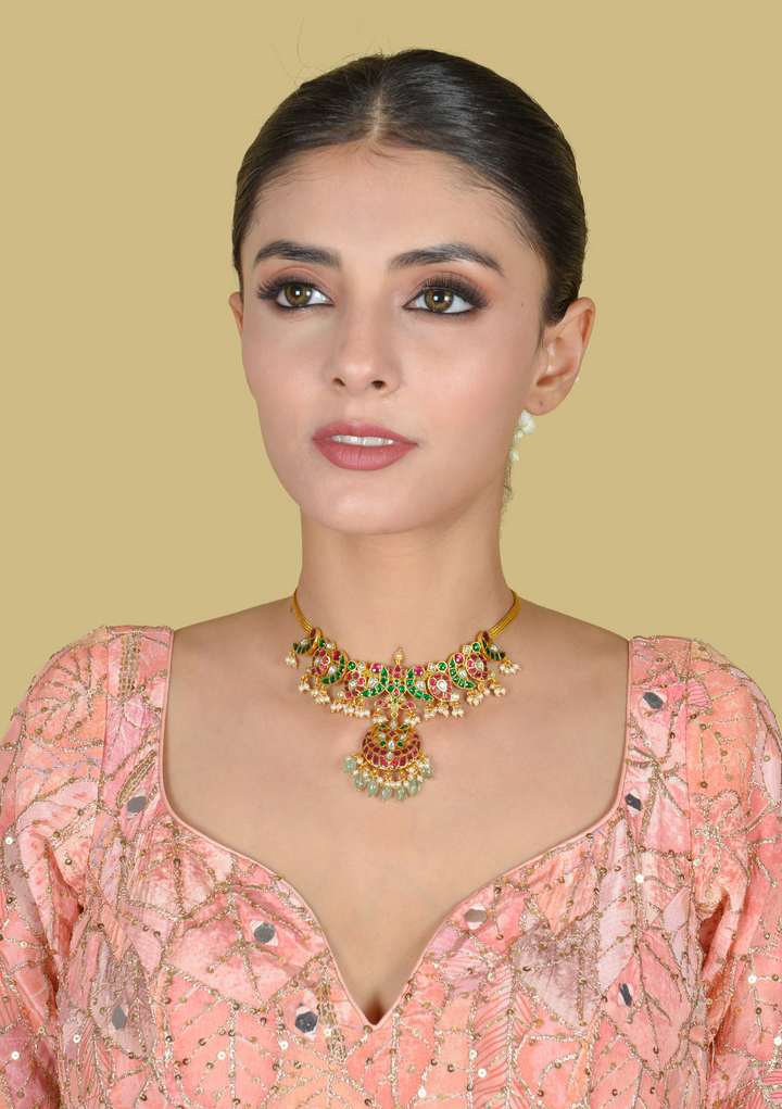 Classic Ruby and Emerald Jadau Kundan Short Necklace
