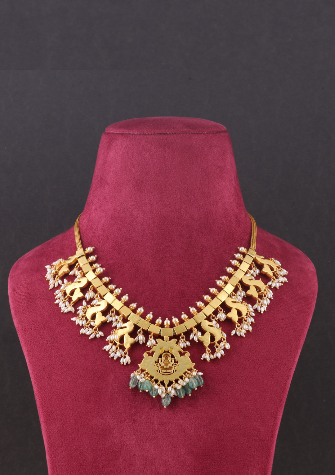 Lakshmi Motif Designer Guttapusalu Necklace with Pearls and Emerald beads Hangings