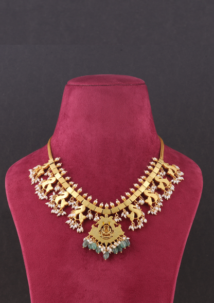 Lakshmi Motif Designer Guttapusalu Necklace with Pearls and Emerald beads Hangings