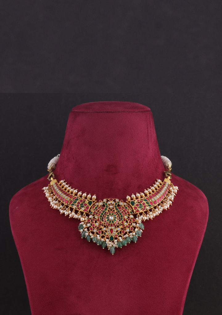Classic Bridal Jadau Kundan Necklace with Green Emerald Beads Hangings