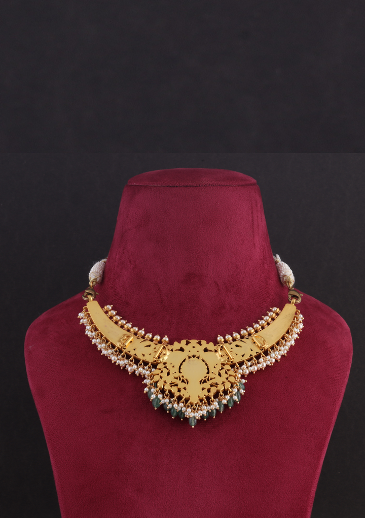 Classic Bridal Jadau Kundan Necklace with Green Emerald Beads Hangings