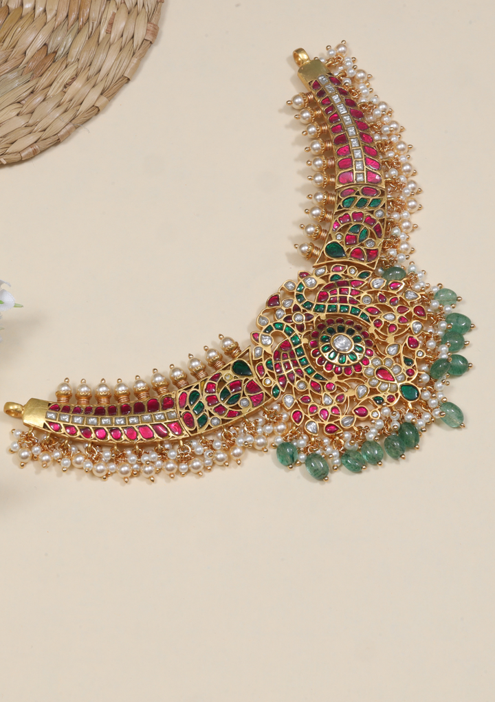 Classic Bridal Jadau Kundan Necklace with Green Emerald Beads Hangings