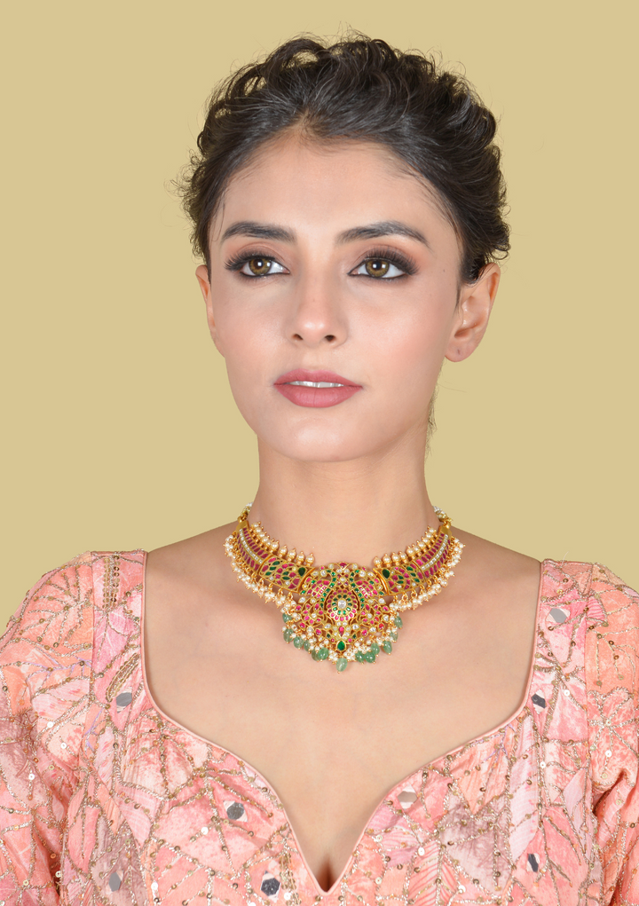 Classic Bridal Jadau Kundan Necklace with Green Emerald Beads Hangings