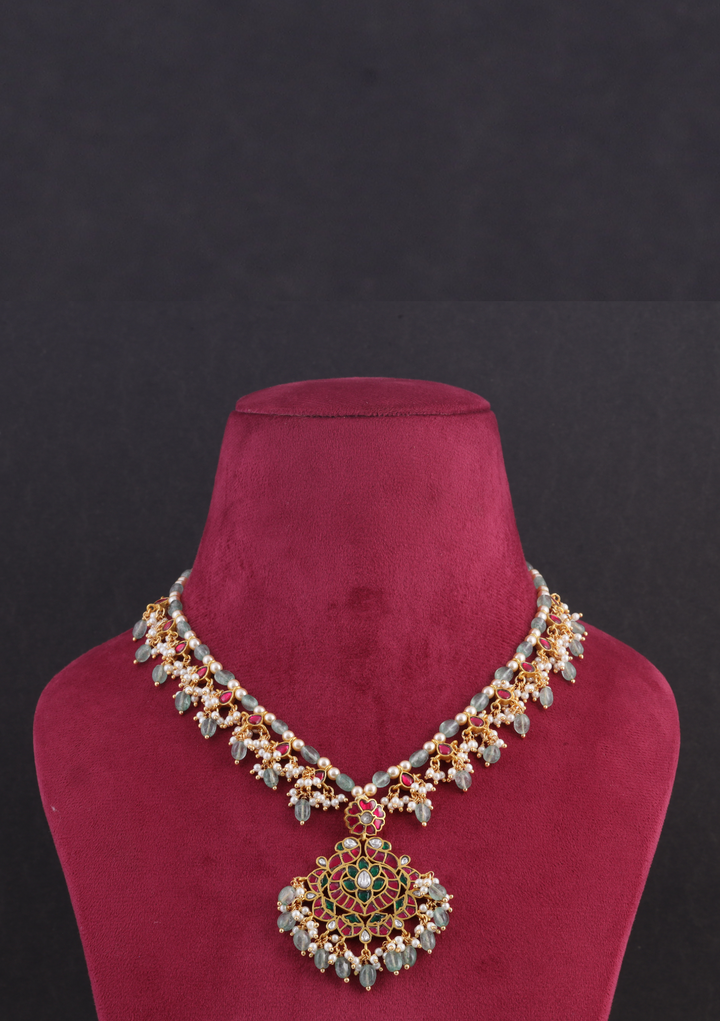 Designer Classic Jadau Kundan Necklace with Emerald Green Beads Hangings
