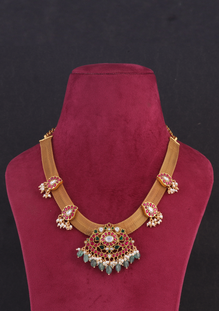 Stylish Beautiful Designer Jadau Kundan Necklace with Green Emerald Hangings