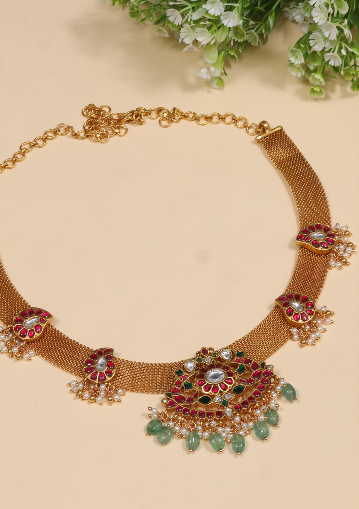 Stylish Beautiful Designer Jadau Kundan Necklace with Green Emerald Hangings