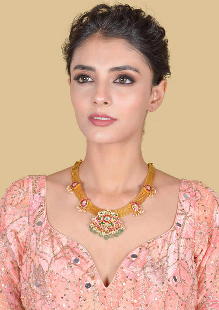 Stylish Beautiful Designer Jadau Kundan Necklace with Green Emerald Hangings