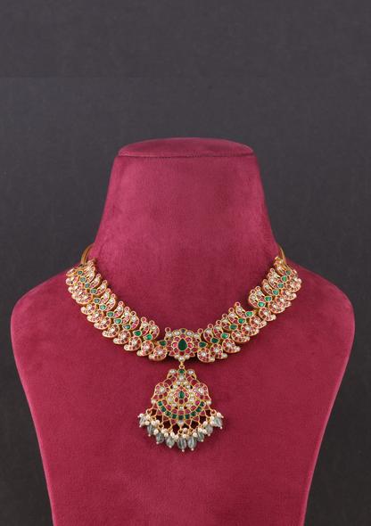 Elegant Peacock Moltif Real Jadau Kundan fine work Necklace with Emeralds Green Beads Hangings